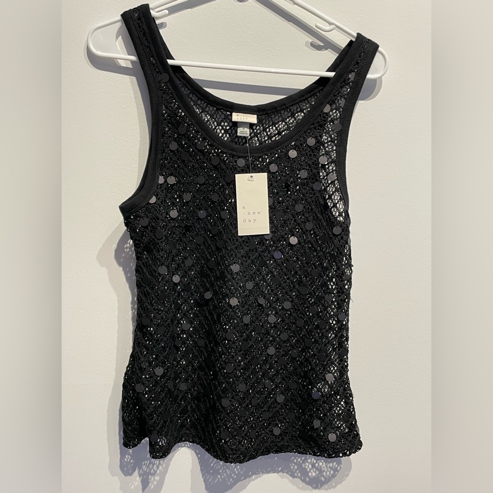 A New Day Women's Embellished Crochet Tank Top Black Size Medium NWT